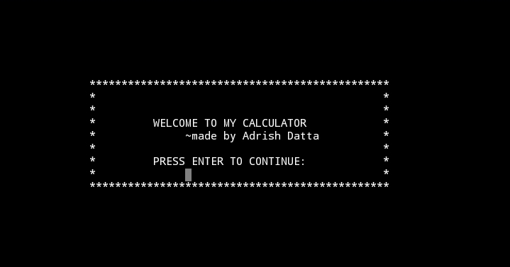 Welcome screen of Calculator with ASCII border