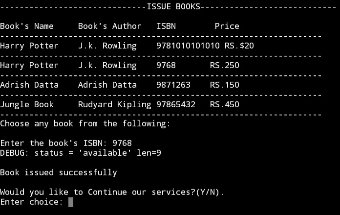 Issue Books section screen of Library Management System