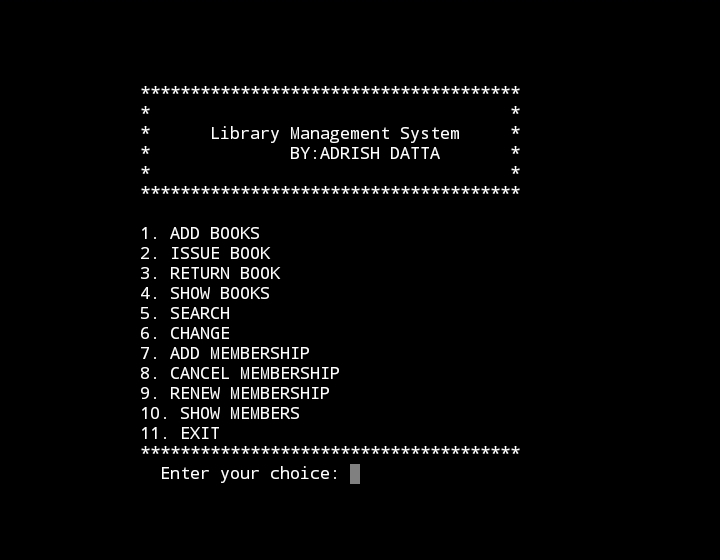 Home screen of Library Management System
