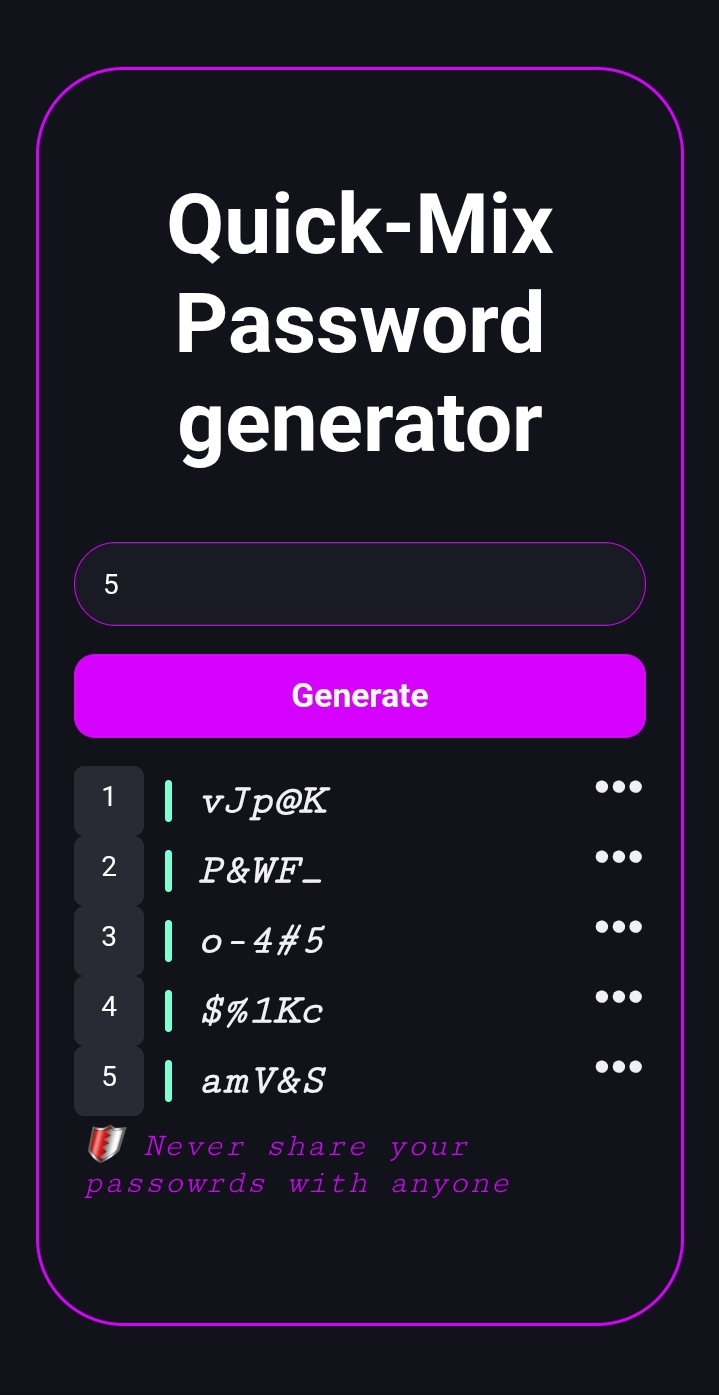 Password Generator showing 5 generated passwords
